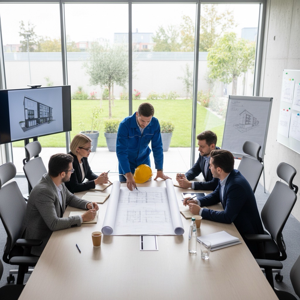 Foto zeigt die Besprechung von Interessenten mit dem Fachmann. Sie besprechen gerade Baupläne für die Umgestaltung.
